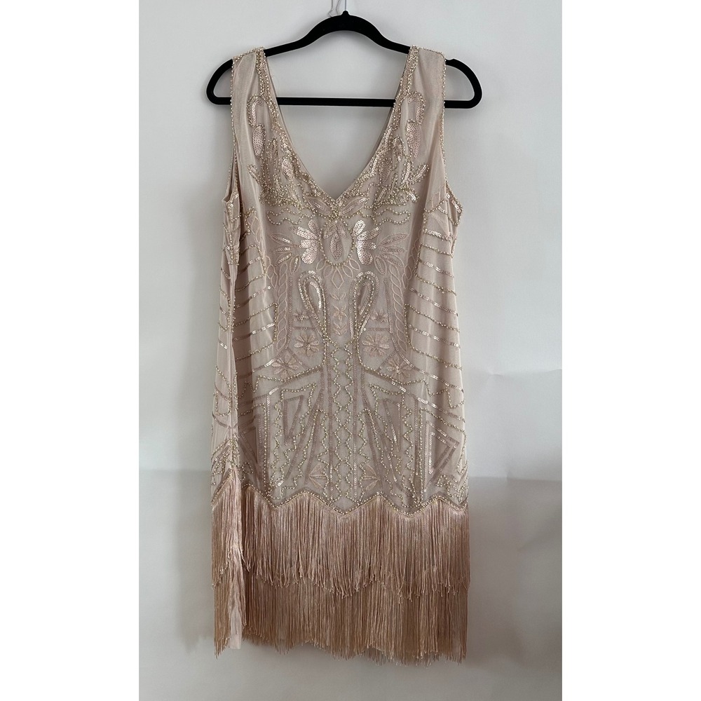 BABEYOND Womens 2XL Champagne Sequin Beaded Fringe 1920s Flapper Gatsby Dress